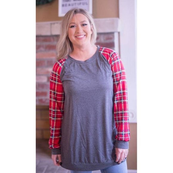 Shirley & Stone Tops - Shirley & Stone Plaid Raglan Top, Grey